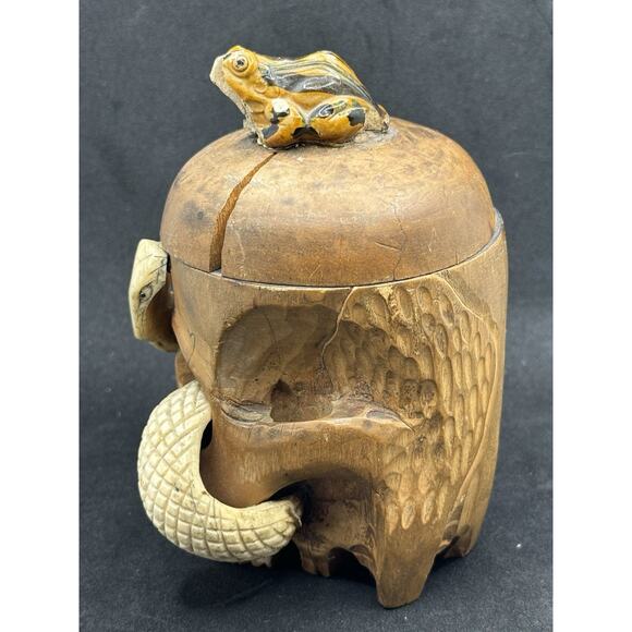 Old Hand Carved Wooden Skull Mini Humidor w Snake Japanese- App 4.5” Tall Read* - Picture 9 of 14